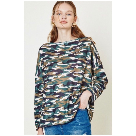 CLEARANCE Green Camo Long Sleeve Waffle Knit Top - Picture 4 of 5